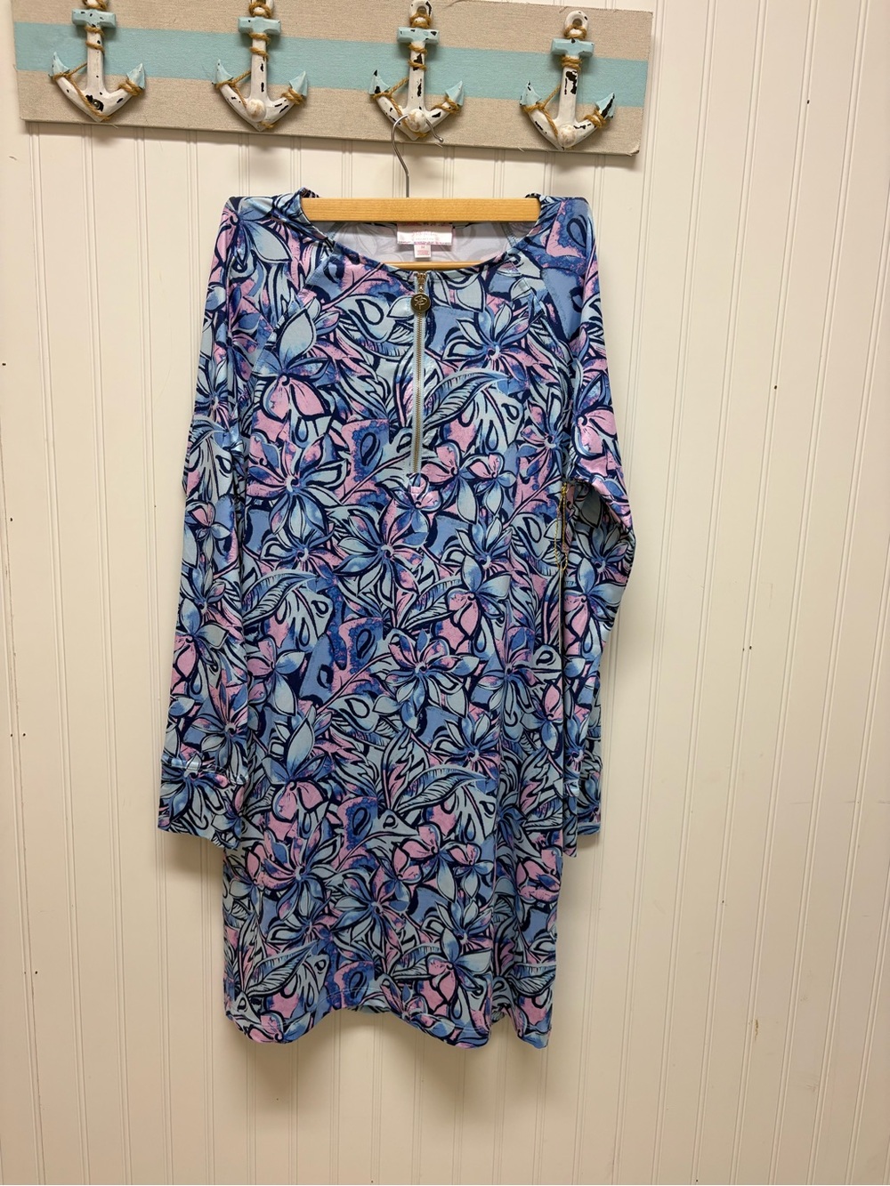 Blue & Pink Floral Shift Dress with Front Zipper